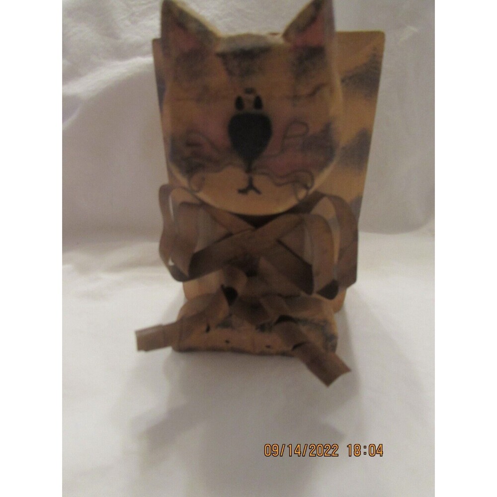 FOLK ART WOODEN KITTY CAT SMALL PLANTER OR VOTIVE HOLDER WITH METAL